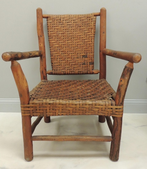 Primitive Chair with Woven Hickory Bark Seat and Back