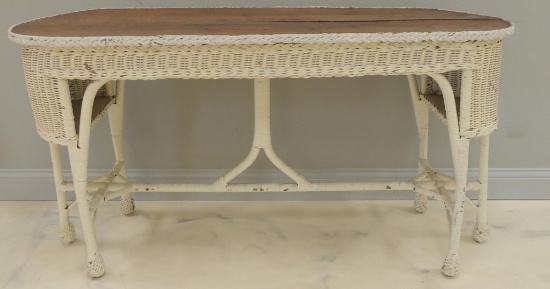 Antique Painted Oak and Wicker Console Table