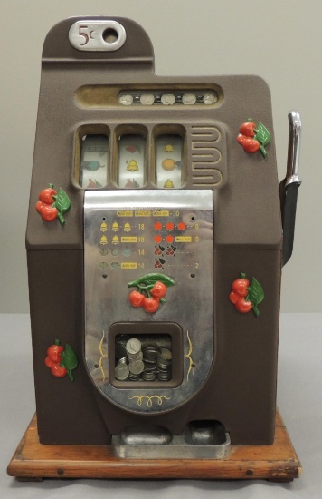 Antique Mills 5 Cent, 3 Cherry Slot Machine with Manual