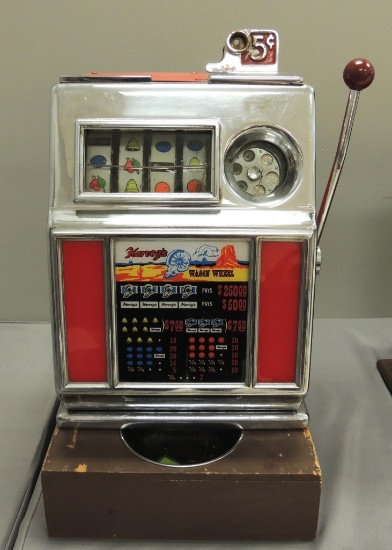 Vintage Harvey's 5 Cent "Wagon Wheel" Slot Machine