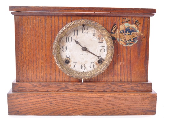 Antique Ingraham Oak Mantle Clock with Eagle and Shield Litho