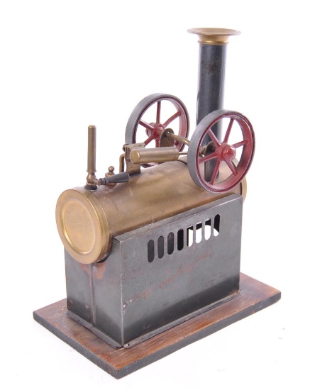 Antique Horizontal Toy Steam Engine with Wood Base