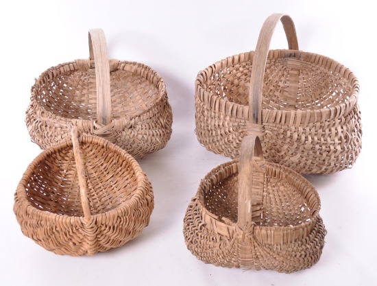 Group of 4 Antique Primitive Wicker Bottom Baskets