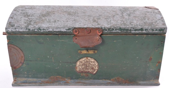 Antique Primitive Painted Wood Trunk with Galvanized Lid