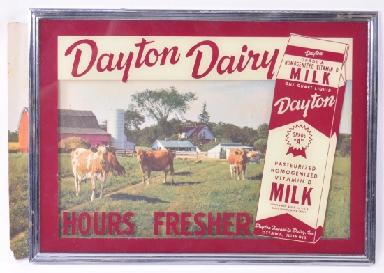 Vintage Dayton Dairy "Hours Fresher" Reverse Painted Advertising Glass and Cardboard Sign