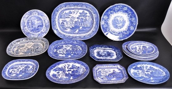 Group of 15 "Willow Ware" Serving Platters and Plates