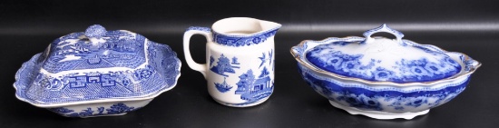 Group of 3 "Willow Ware" Casserole Dishes and Creamer