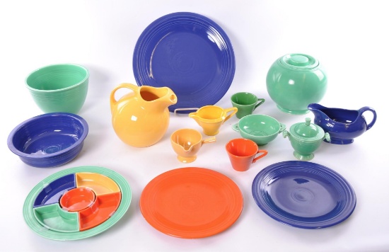 Large Group of Vintage Fiestaware : Relish Dish, Harlequin Ball Pitcher, Chop Plate and More