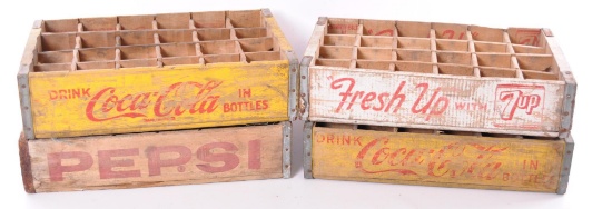 Group of 4 Vintage Pepsi, 7Up, and Coca-Cola Advertising 24 Pack Wood Crates