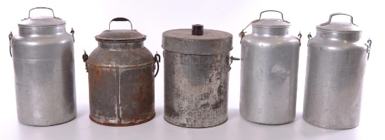 Group of 6 Antique Metal Milk Cans