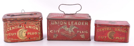 Group of 3 Antique "Union Leader" and "Central Union" Advertising Cut Plug Tobacco Tins