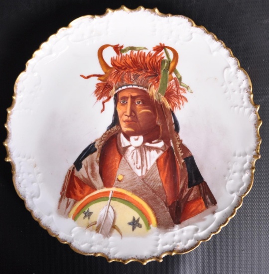 Hand Painted Antique Souvenir Plate Featuring Native American Assiniboin Chief