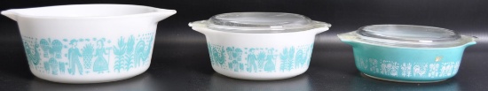 Group of 3 Vintage Pyrex "Butterprint" Turquoise on White and White on Turquoise Refrigerator Dishes
