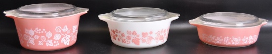 Group of 3 Vintage Pyrex "Gooseberry" Pink on White and White on Pink Refrigerator Dishes