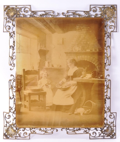 Antique "Reverse Glass" Photograph of Family Scene in Ornate Brass Frame