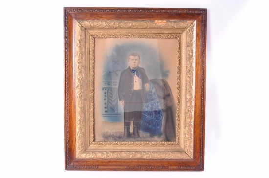 Antique Pastel Colorized Photograph of Edwardian Boy in Ornate Oak and Gilded Frame