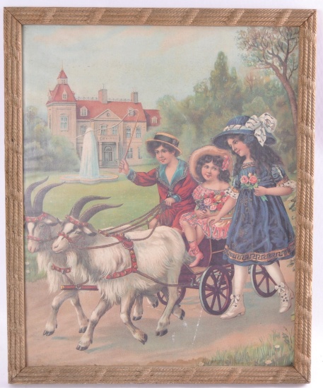 Print of Victorian Children in Goat Cart in Ornate Frame