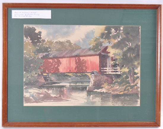 Paul N. Norton (American Artist 1909 - 1984) Watercolor of Bureau County "Red Covered Bridge"