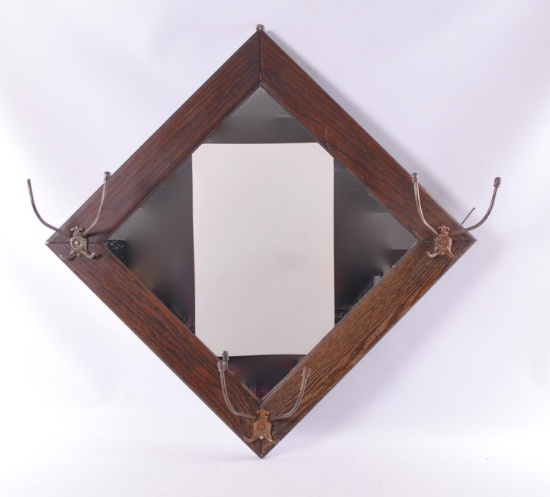 Antique Oak Mirror with Coat Hangers