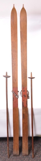 Pair of Antique Cross Country Skis and Ski Poles