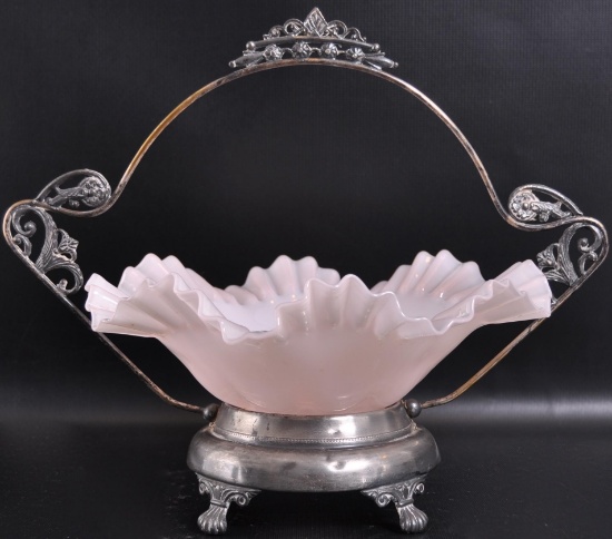 Antique Pink Opaque Glass Ribbon and Ruffled Edge Bride's Basket