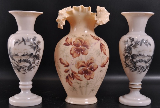 Group of 3 Opaque Glass Vases with Floral Designs