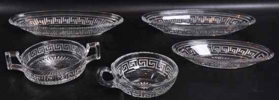 Group of 5 Antique Heisey Glass Greek Key Pattern Items