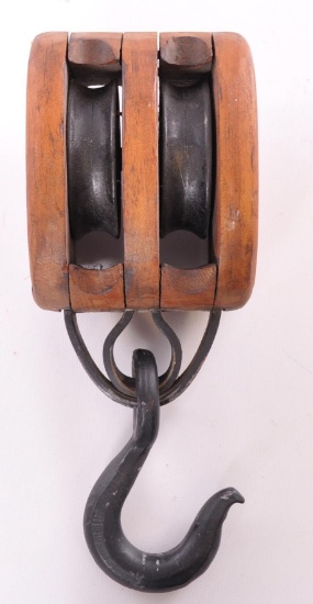 Antique Wood Pulley with Hook