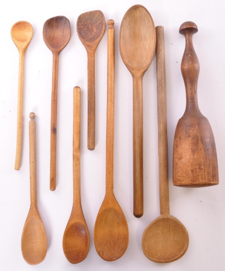 Group of 9 Primitive Wood Spoons and Masher