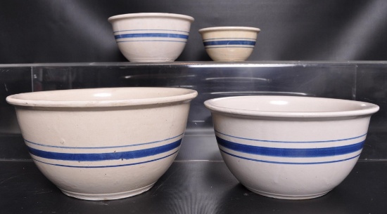Group of 4 Antique White with Blue Stripe Stoneware Bowls