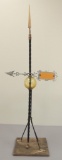 Antique Wrought Iron Lightening Rod with Weathervane and Amber Globe