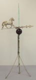 Antique Copper Lightening Rod with Horse Weathervane and Ruby Red Globe