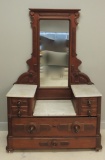 Antique Walnut Vanity with Marble Top, Mirror, and Teardrop Pulls