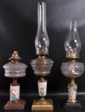 Group of 3 Antique Early American Pressed Glass Oil Lamps with Hand Painted Floral Design