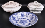 Group of 2 Antique Covered Servers and Flow Blue Bowl