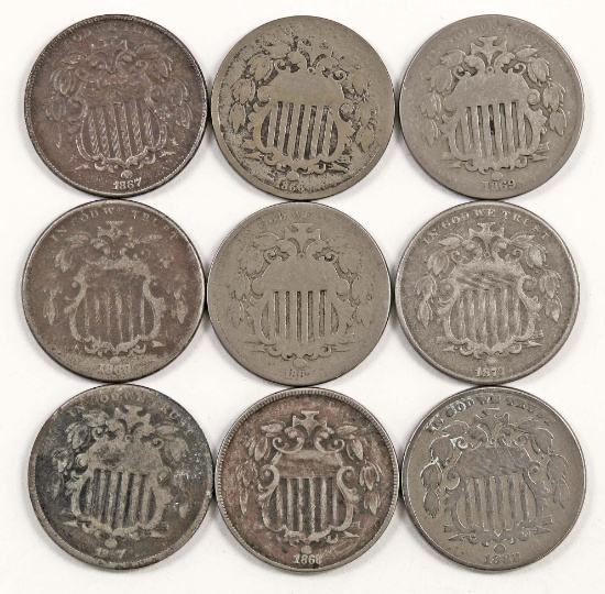 Lot of (9) Shield Nickels.
