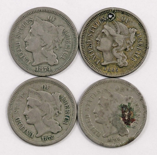 Lot of (4) Three Cent Piece Nickel.