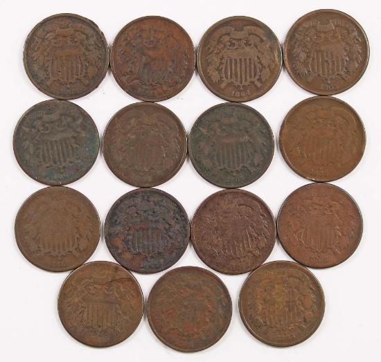 Lot of (15) Two Cent Pieces.