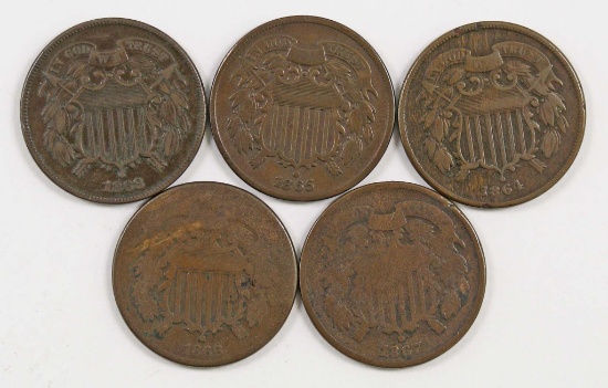 Lot of (5) Two Cent Pieces.
