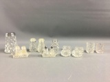 Group of 14 Vintage American Fostoria crystal salt and peppers and more