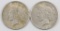 Lot of (2) 1925 P Peace Silver Dollars.