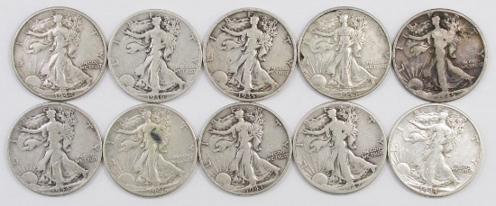 Lot of (10) Walking Liberty Silver Half Dollars.