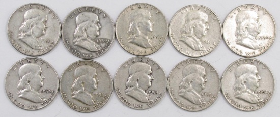 Lot of (10) Franklin Silver Half Dollars.