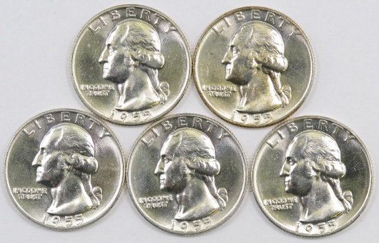 Lot of (5) 1955 D Washington Silver Quarters.