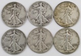 Lot of (6) Walking Liberty Silver Half Dollars.