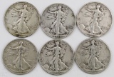 Lot of (6) Walking Liberty Silver Half Dollars.