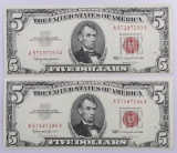 Lot of (2) Consecutive 1963 $5 Legal Tender Notes.