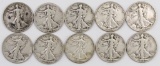 Lot of (10) Walking Liberty Silver Half Dollars.