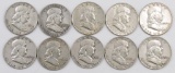 Lot of (10) Franklin Silver Half Dollars.