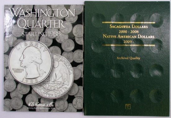 H.E. Harris Washington Quarter starting 1988 & Littleton Native American Dollar Album.